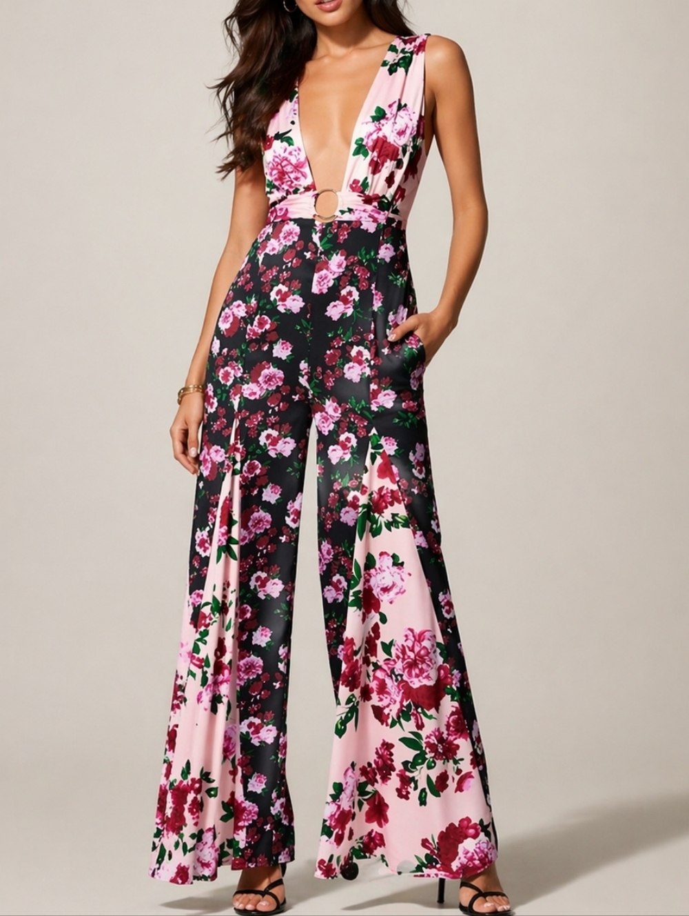 Bebe Floral Deep-V Wide Leg Jumpsuit - Sangria Rose - Size Small Wedding Guest